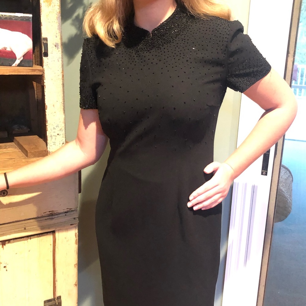 Black Tie  beaded dress Asian style collar
size 8 Petite